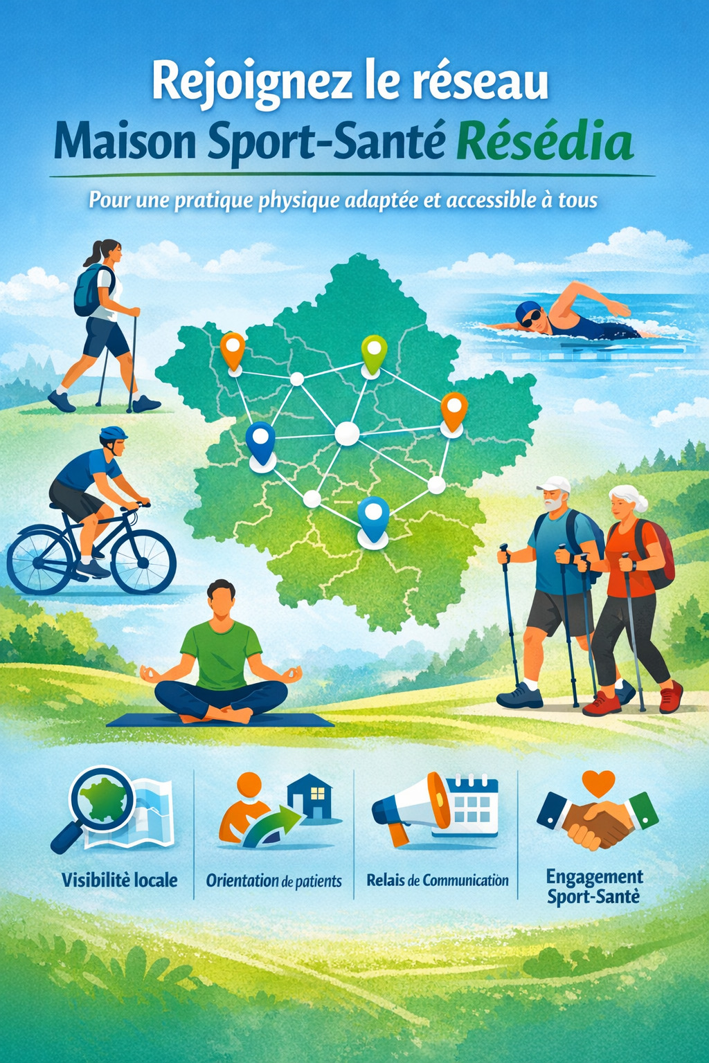 Représentation en graphique qui évoque de rejoindre le réseau sport et santé